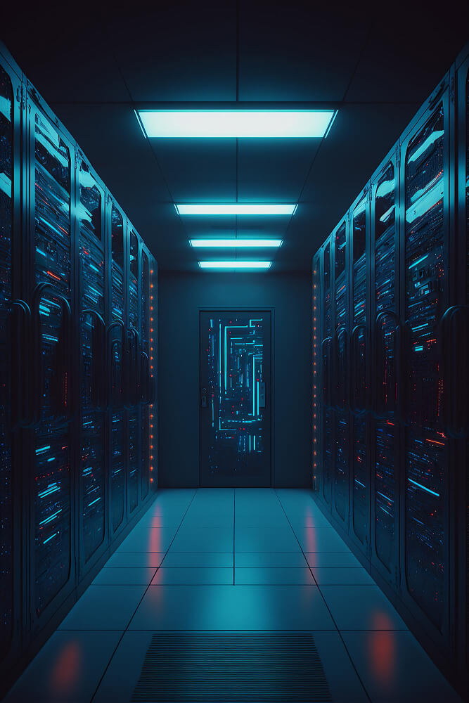 Corredor de data center com racks de servidores iluminados